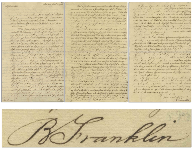 Benjamin Franklin Letter Signed to Scotsman Lord Kames, Mentioning His Book on Successful Living, ...you will not doubt my being serious in the Intention of finishing my Art of Virtue...